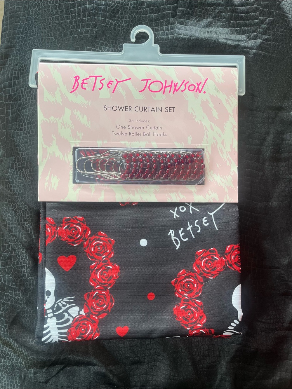 Betsey Johnson Til Death Black Red Rose Heart Skeleton Couple Shower Curtain NIP